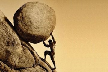 Sisyphus pushing boulder up mountain