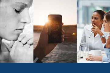 Collage of woman praying, mobile phone and business meeting