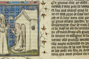 Detail of a medieval manuscript page. A square illustration shows an old man with a crozier blessing a kneeling woman in front of a small house.