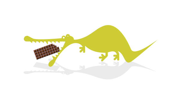 Cartoon crocodile eating a bar of chocolate